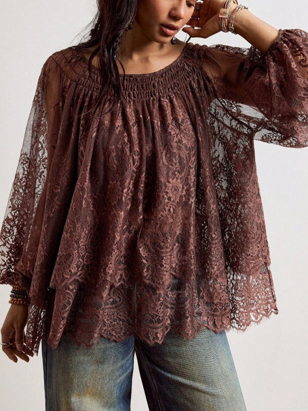 Brown Elegant Women's Ruched Knot Sheer Double Layer Bishop Top - Picture 4 of 8